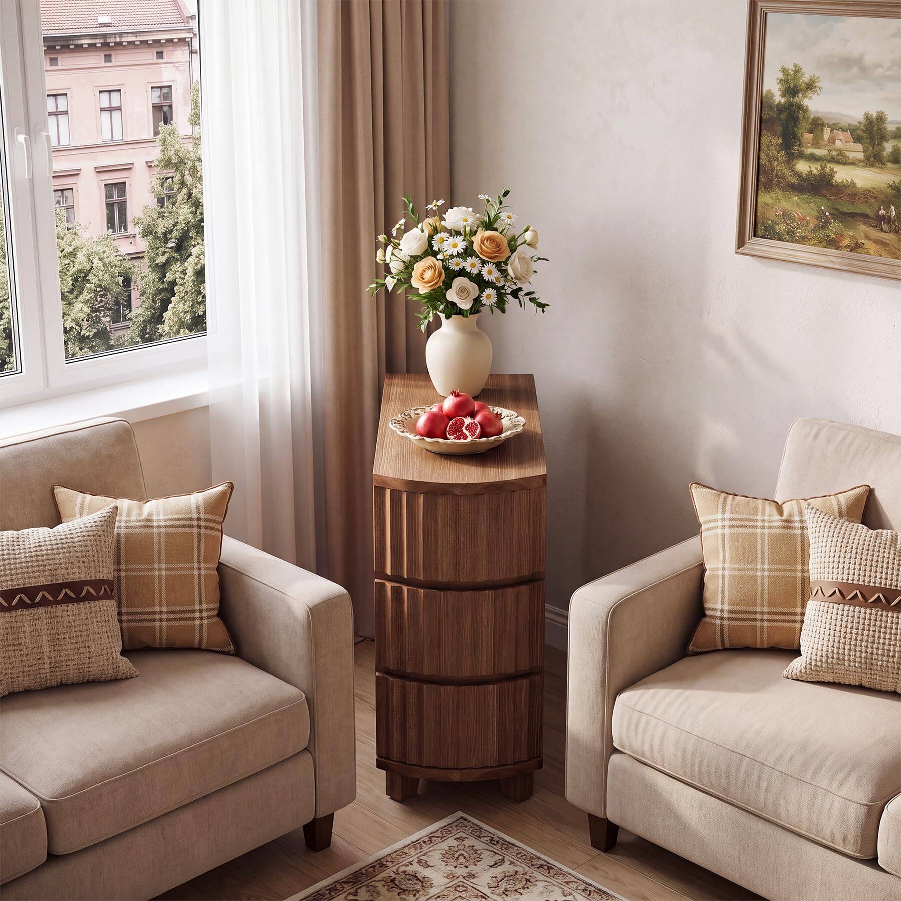 Alt View 3. Tribesigns - Solid Wood End Table, 3-Drawer Narrow Side Table, Curved Design - Brown.