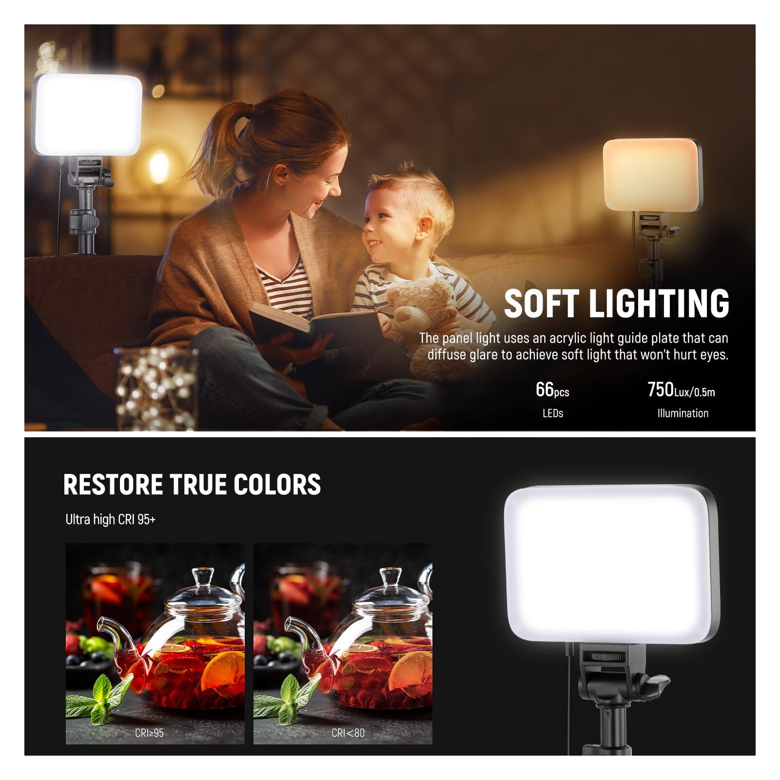 **SOFT LIGHTING**  
The panel light uses an acrylic light guide plate that can diffuse glare to achieve soft light that won't hurt eyes.  
66pcs LEDs  
750Lux/0.5m Illumination  

**RESTORE TRUE COLORS**  
Ultra high CRI 95+  
CRI-95  
CRI<80