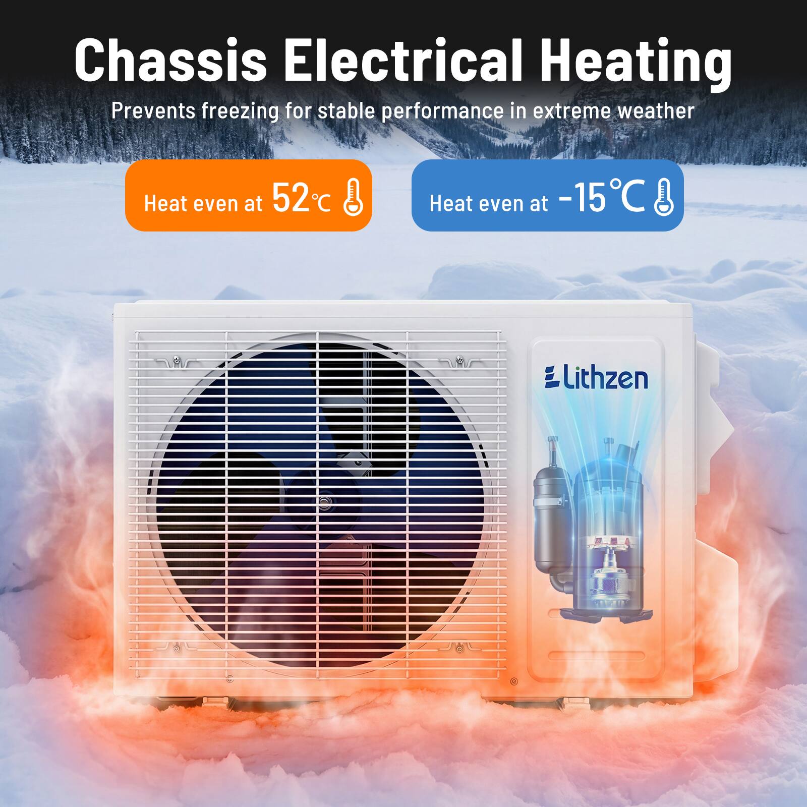 Chassis Electrical Heating  
Prevents freezing for stable performance in extreme weather  
Heat even at 52°C  
Heat even at -15°C  
Lithzen
