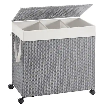 Front. Songmics Home - 3-Section Laundry Hamper with Lid,Large 140 L Rolling Laundry Basket with Wheels,Removable Liner with Handles - Dove Gray and Matte White.