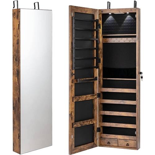 Front. SlickBlue - 2-in-1 Door & Wall Mounted Jewelry Armoire with Full-Length Mirror in Wood Finish - Rustic Brown.