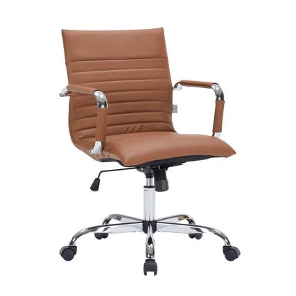 Front. LeisureMod - Harris Mid-Back Leather Office Chair Adjustable Height Tilt Computer Task Chair with 360-Degree Swivel - Light Brown.