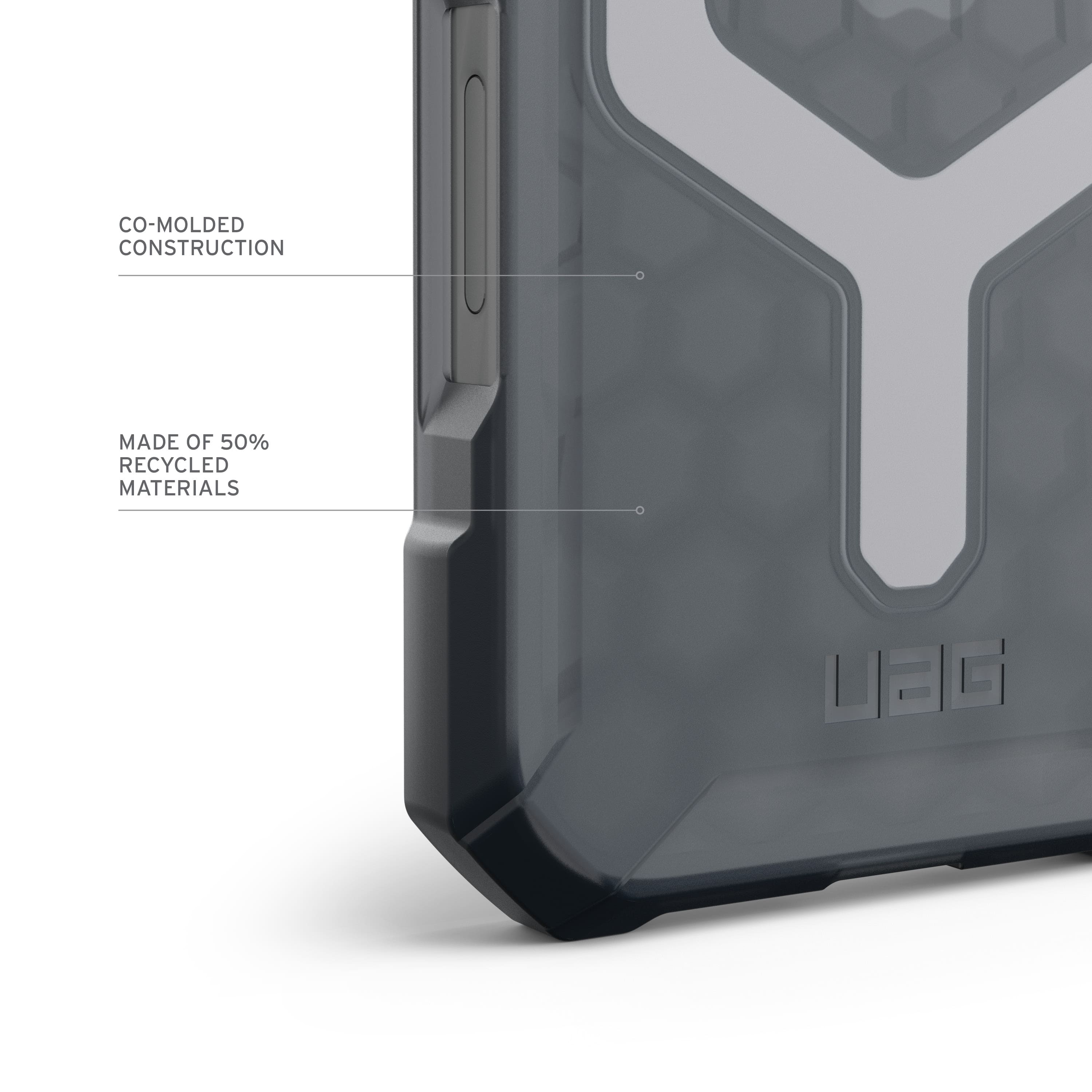 The image shows a close-up of a cell phone case with a UaG logo. The case is made of 50% recycled materials and is co-molded for construction. The case is designed to protect the phone and is made with durable materials.