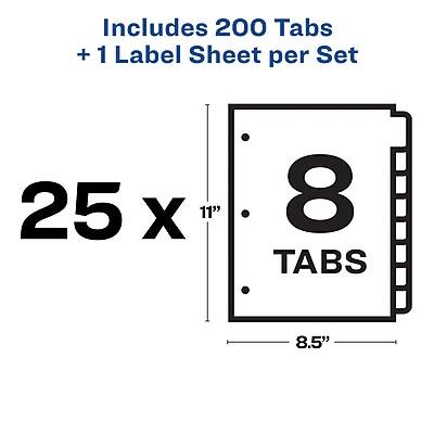 Includes 200 Tabs + 1 Label Sheet per Set  
25 x 11"  
8 Tabs  
8.5"