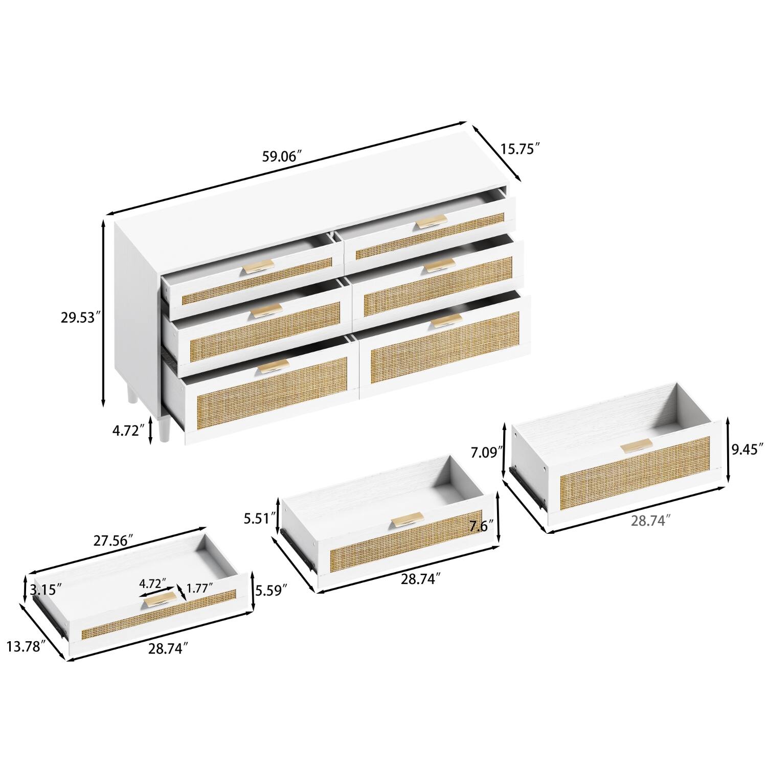Sure, here is the corrected and grouped text from the image:

- **Dimensions of the main unit:**
  - Height: 59.06"
  - Width: 15.75"
  - Depth: 29.53"

- **Drawer dimensions:**
  - Height: 4.72"
  - Width: 27.56"
  - Depth: 5.51"

- **Top drawer dimensions:**
  - Height: 1.77"
  - Width: 28.74"
  - Depth: 5.59"

- **Side unit dimensions:**
  - Height: 9.45"
  - Width: 7.09"
  - Depth: 28.74"

- **Additional measurements:**
  - 3.15"
  - 13.78"
  - 4.72"
  - 7.6"