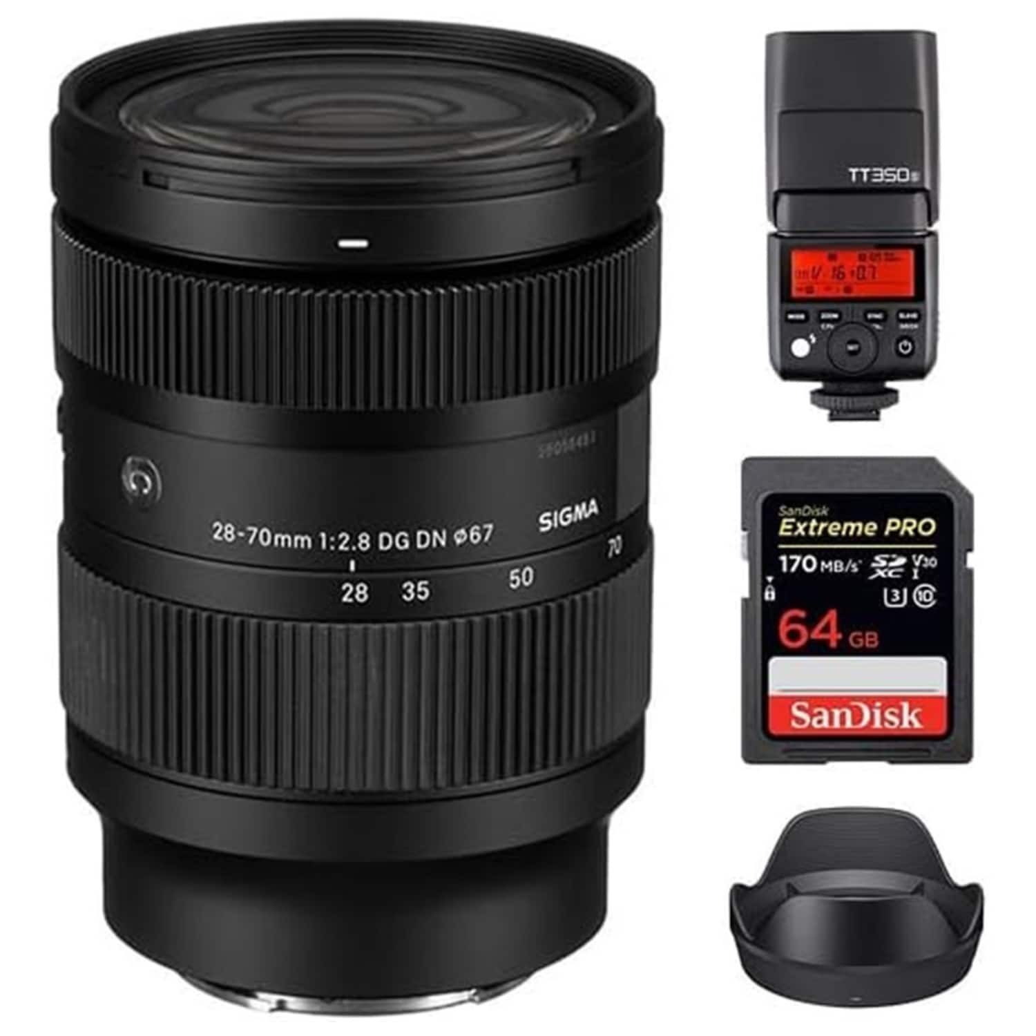 Sigma - f/2.8 DG DN 28-70mm Contemporary Art Lens for Sony E +64GB +Flash Bundle - Black