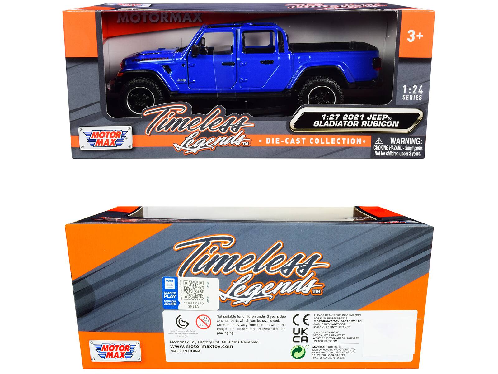 MOTORMAX y F 3+ Jeep 1:24 SERIES Timeless 1:27 2021 JEEP GLADIATOR RUBICON MOTOR MAX Legends TM DIE-CAST COLLECTION WARNING: CHOKING HAZARD Small parts. Not for children under 3 years. Timeless PLAY SAN m Legends TM JOUER 1810818360 2F36A PLANE RETAILS Nett suitable for children under 3 years due to small parts which can be swallowed MOTORMAS FOT FACTORY LT 0-3 Contents may vary from that shown in the image - the illustration represented on packaging. UK - SORTON ROAD STOCKLEY PARK WEST CO MODA LB D01E Motormax Ltd All Rights Reserved MOTOR www.motormaxtoy.com n - Fomee -. MOTORMAS FOF FAC PORY Te MADE IN CHINA