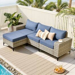 Ovios - 4 PCS Patio Furniture Sectional Sofa All Weather Wicker Couch with Ottoman - Denim Blue