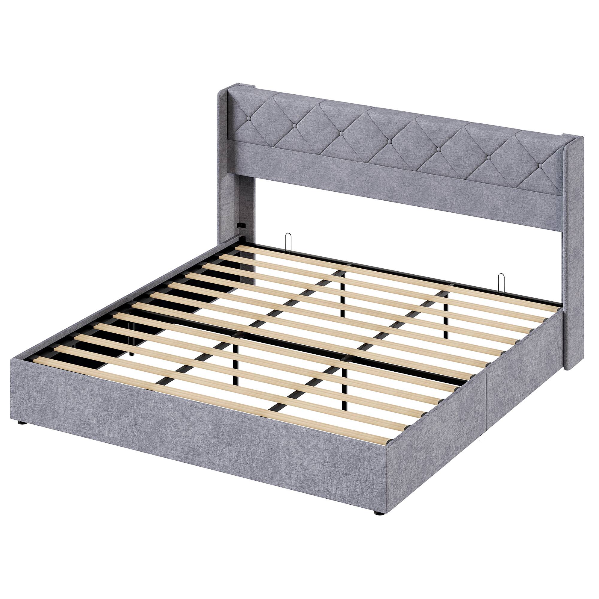 Back. AENKYO - King Size Bed Frame with Lift-Up Storage Upholstered Platform Bed No Box Spring Needed/Easy Assembly - Gray.