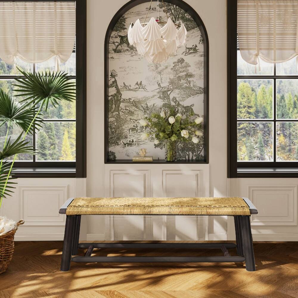 Alt View 4. Ropilly - Ropilly 59 Inch Solid Wood Rattan Bench Farmhouse Modern Walnut Entryway Bench Indoor Covered Outdoor - Walnut.