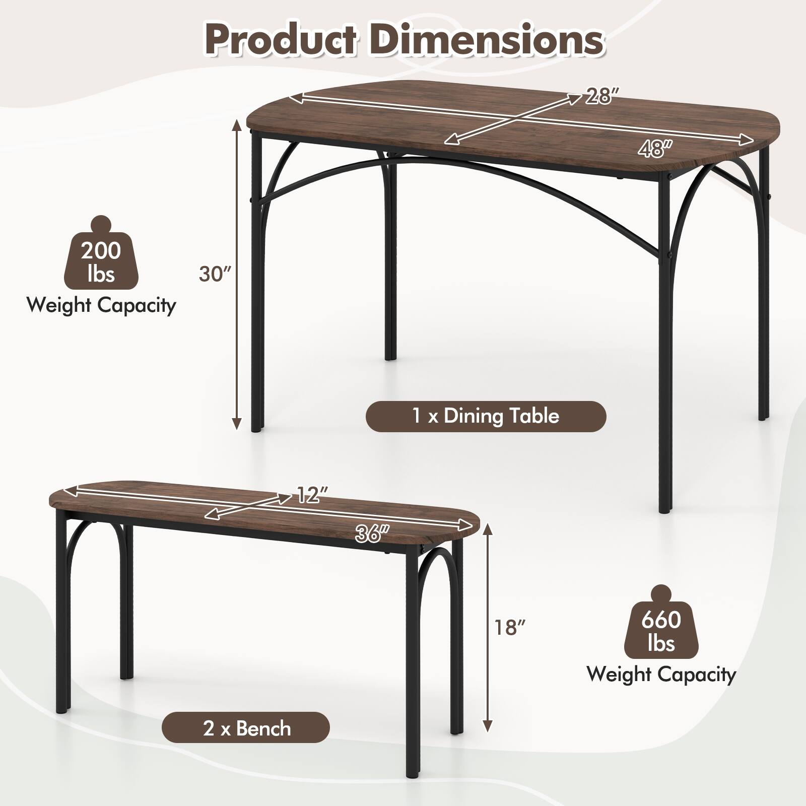 Product Dimensions

1 x Dining Table
- 48" (width)
- 28" (depth)
- 30" (height)
- Weight Capacity: 200 lbs

2 x Bench
- 36" (length)
- 18" (depth)
- 12" (height)
- Weight Capacity: 660 lbs