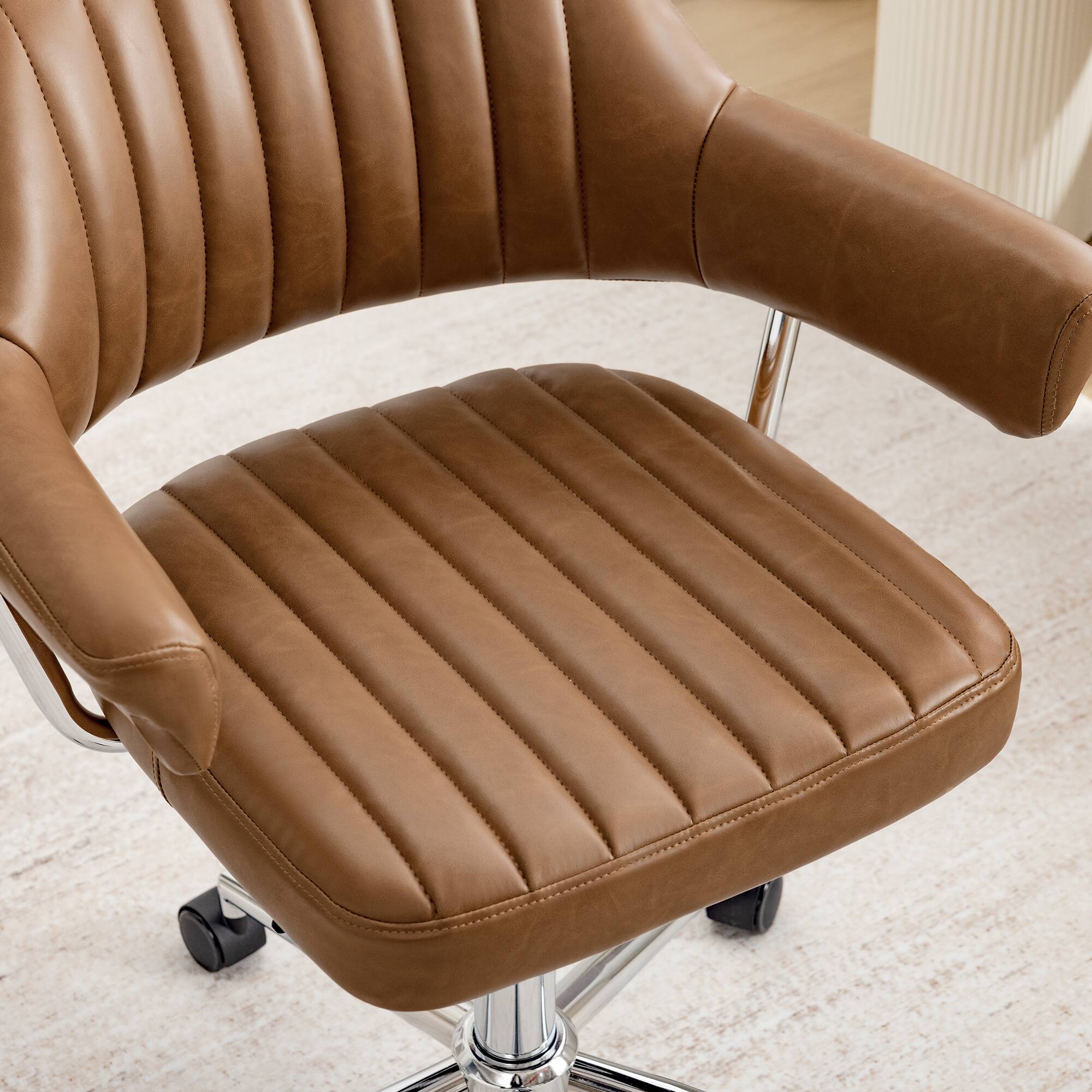 Angle. KERDOM - Swivel Upholstery Vanity Chair with Arms, Adjustable Height Desk Chair for Home Office Study Makeup Dresser, PU Leather - Camel-1PC.