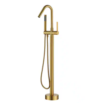Front. Boyel Living - Modern Sleek Floor Mount Single-Handle Freestanding Tub Faucet with Hand Shower and Water Supply Hoses in. Brushed Brass - Brushed Brass.