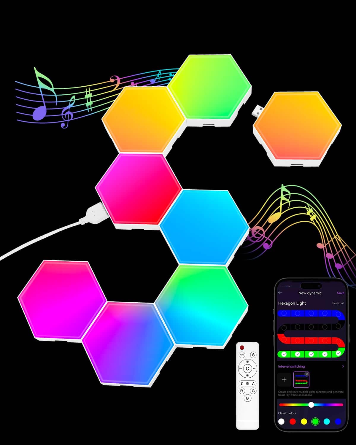 Reds Spade - 12 pack Hexagon Light Panels Smart Rgb Wall Lights With App Remote Music Sync Gaming For Room Decor Birthday - A. Multicolor 8PCS