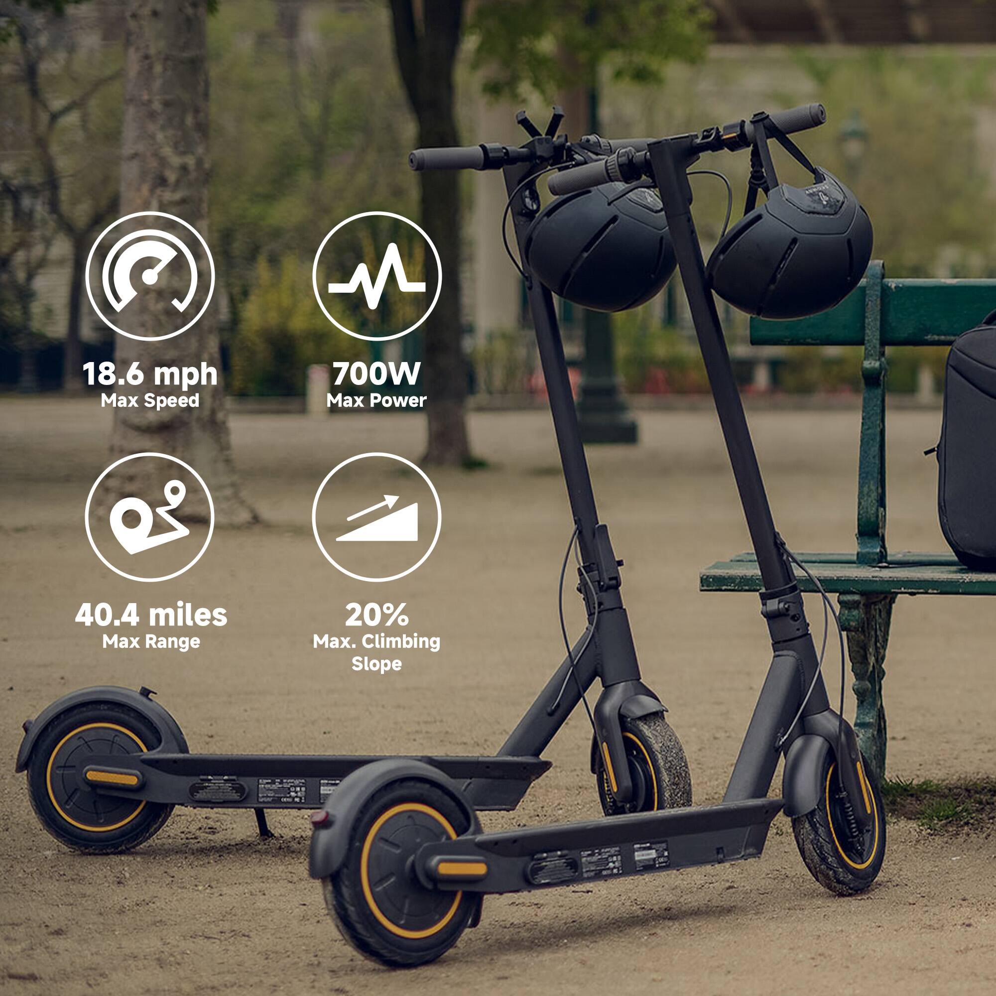 The text on the image reads: "18.6 mph Max Speed 700W Max Power 40.4 miles Max Range 20% Max. Climbing Slope."