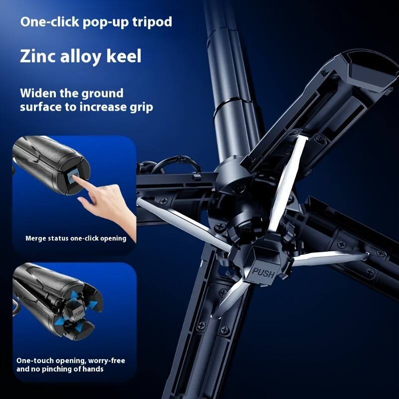 One-click pop-up tripod  
Zinc alloy keel  

Widen the ground surface to increase grip  

Merge status one-click opening  

One-touch opening, worry-free and no pinching of hands