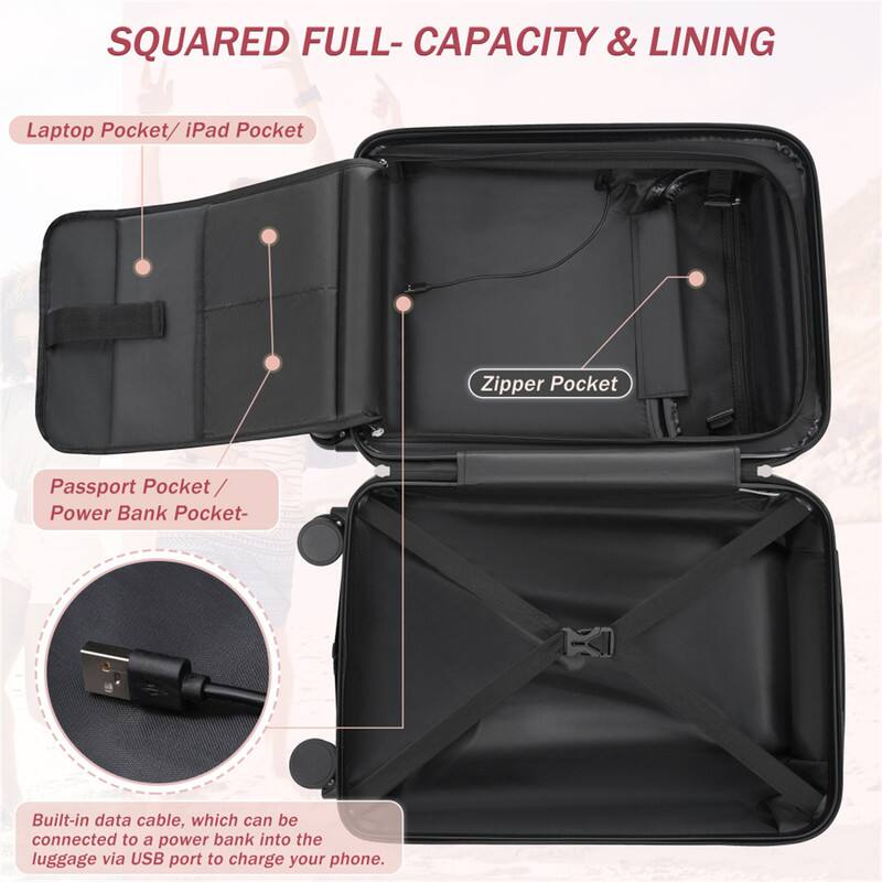 SQUARED FULL-CAPACITY & LINING

Laptop Pocket / iPad Pocket

Zipper Pocket

Passport Pocket / Power Bank Pocket

Built-in data cable, which can be connected to a power bank into the luggage via USB port to charge your phone.