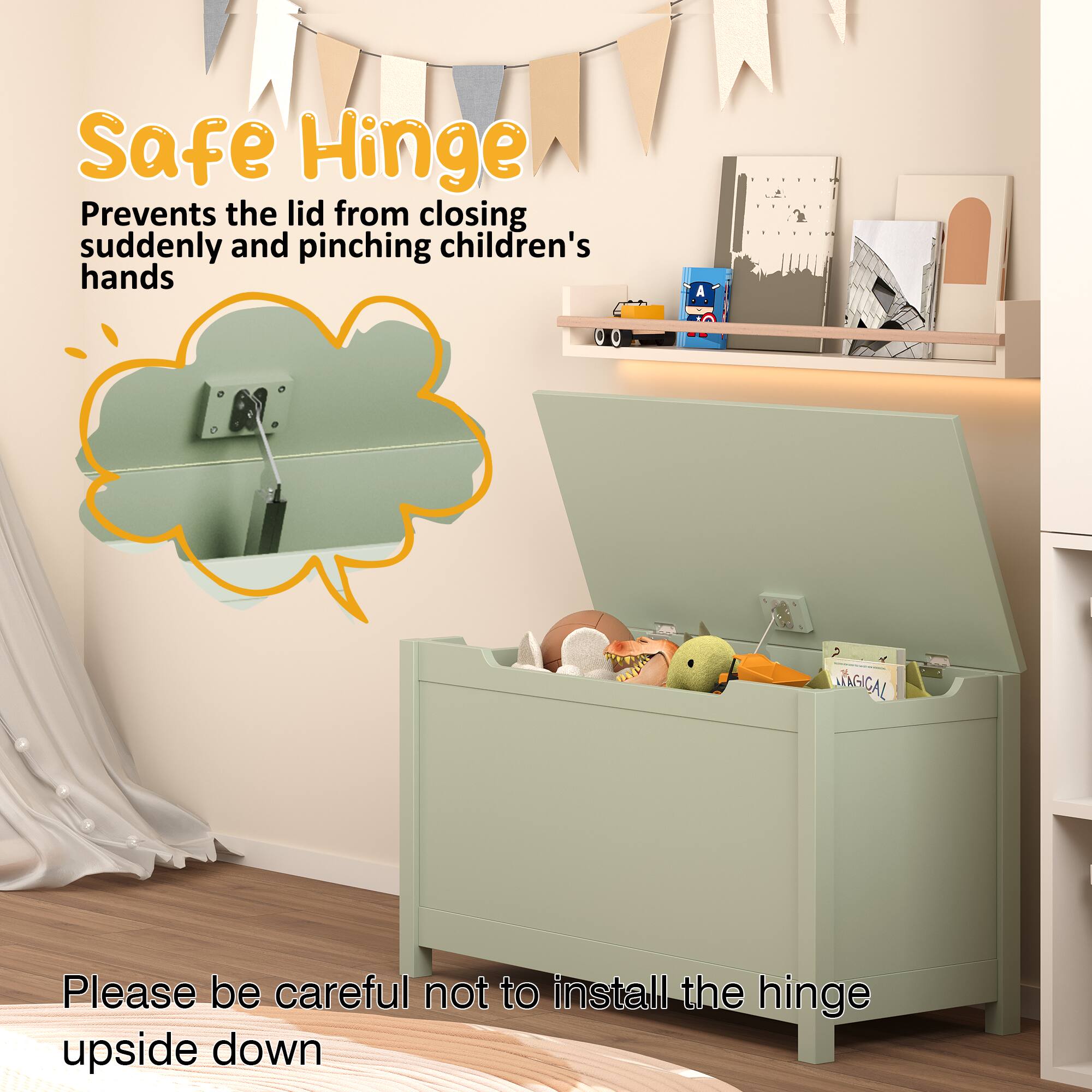 Safe Hinge  
Prevents the lid from closing suddenly and pinching children's hands  

Please be careful not to install the hinge upside down