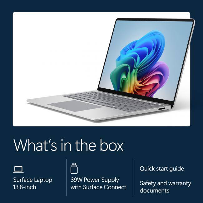 What's in the box

- Surface Laptop 13.8-inch
- 39W Power Supply with Surface Connect
- Quick start guide
- Safety and warranty documents