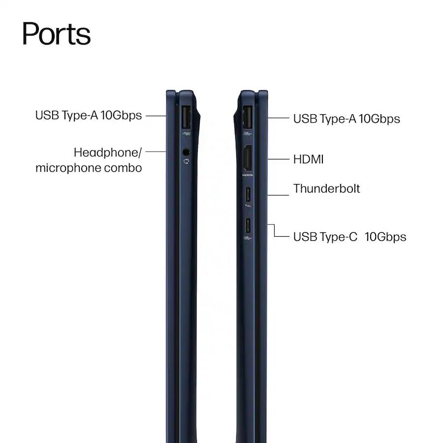 Ports

- USB Type-A 10Gbps
- Headphone/ microphone combo
- USB Type-A 10Gbps
- HDMI
- Thunderbolt
- USB Type-C 10Gbps