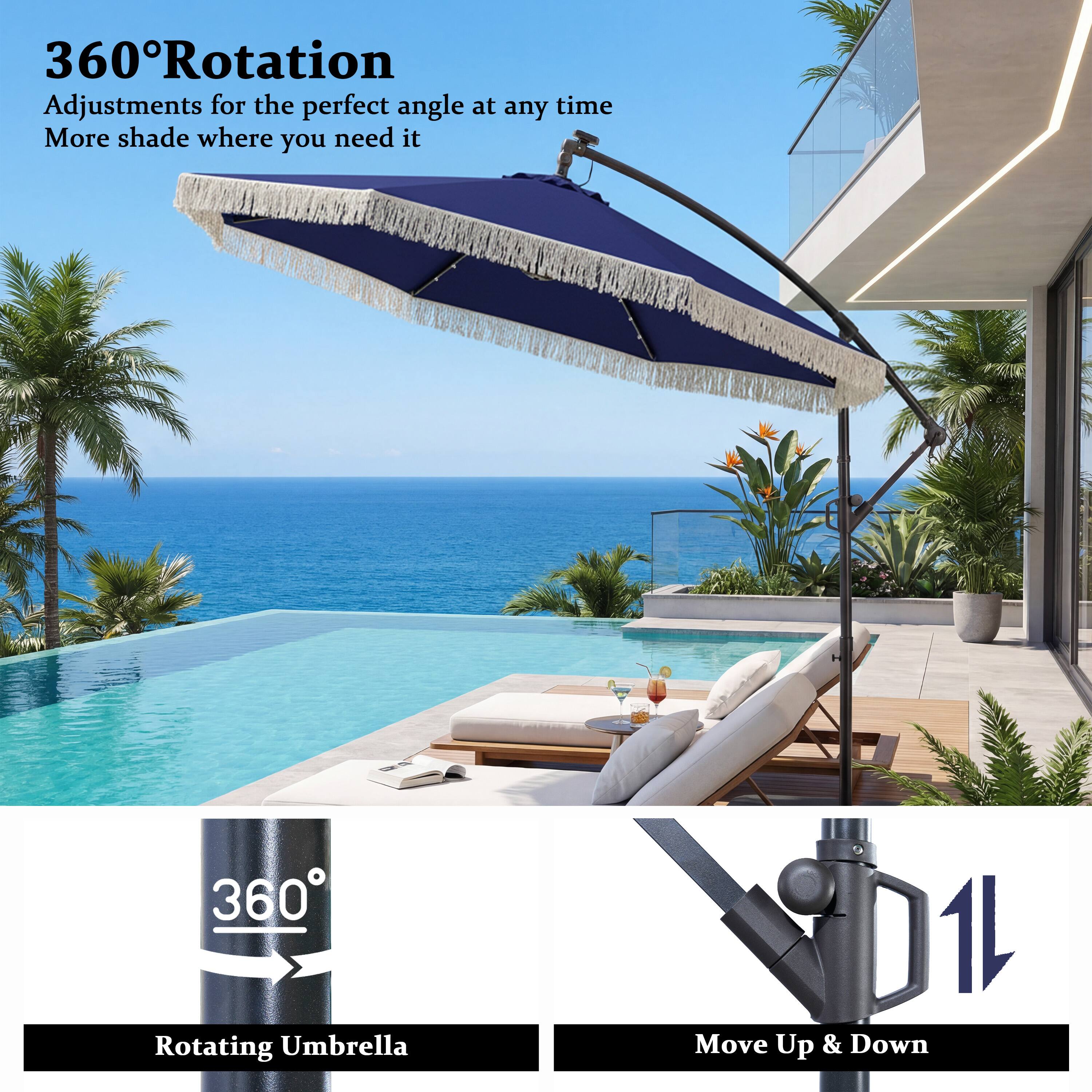 360° Rotation  
Adjustments for the perfect angle at any time  
More shade where you need it  

360° Rotating Umbrella  
Move Up & Down