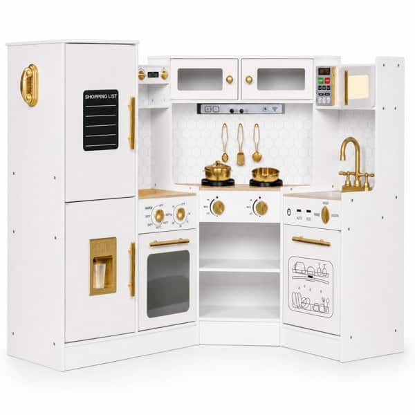 Wisairt - Wooden Kids Play Kitchen Set Corner Play Kitchen with Lights and Sounds, Pretend Cooking Set with Accessories - White