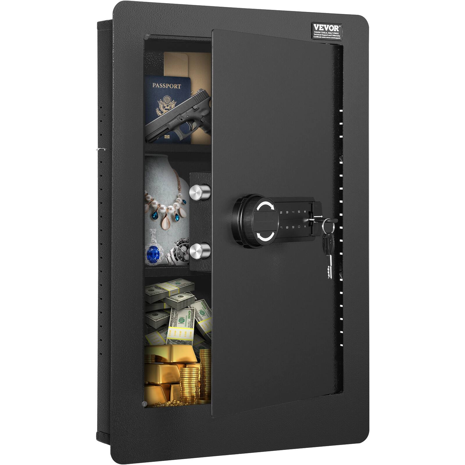 VEVOR - 25.59" Tall Wall Safe, 3-Tier Hidden Wall Safe with Keypad, 3 Removable Shelves & 6 Key Holders - Black