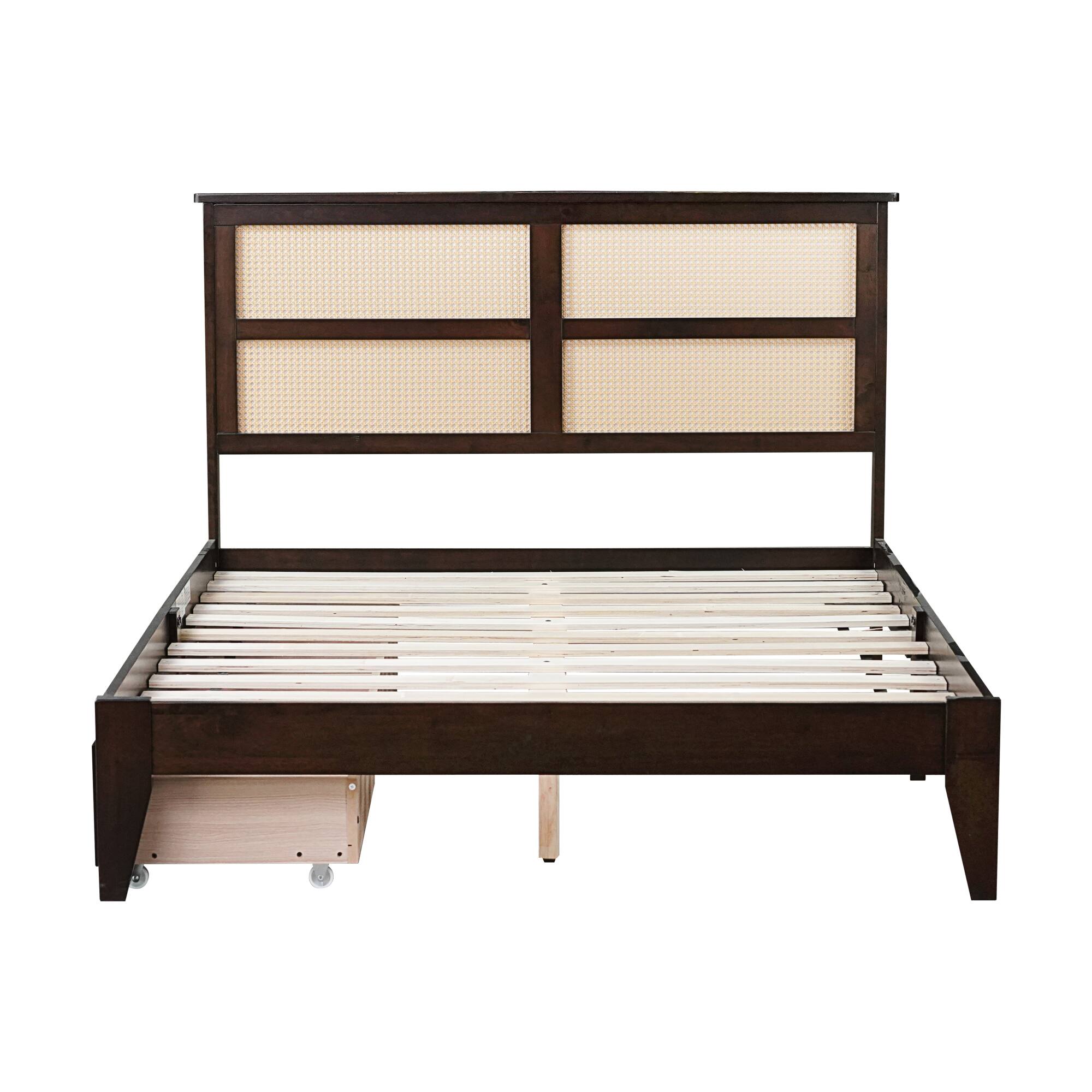 Back. GOODSILO - Full Size Bed with Rattan Headboard and Two Storage Drawers, Solid Wood Frame with Enhanced Support Slats - Espresso.
