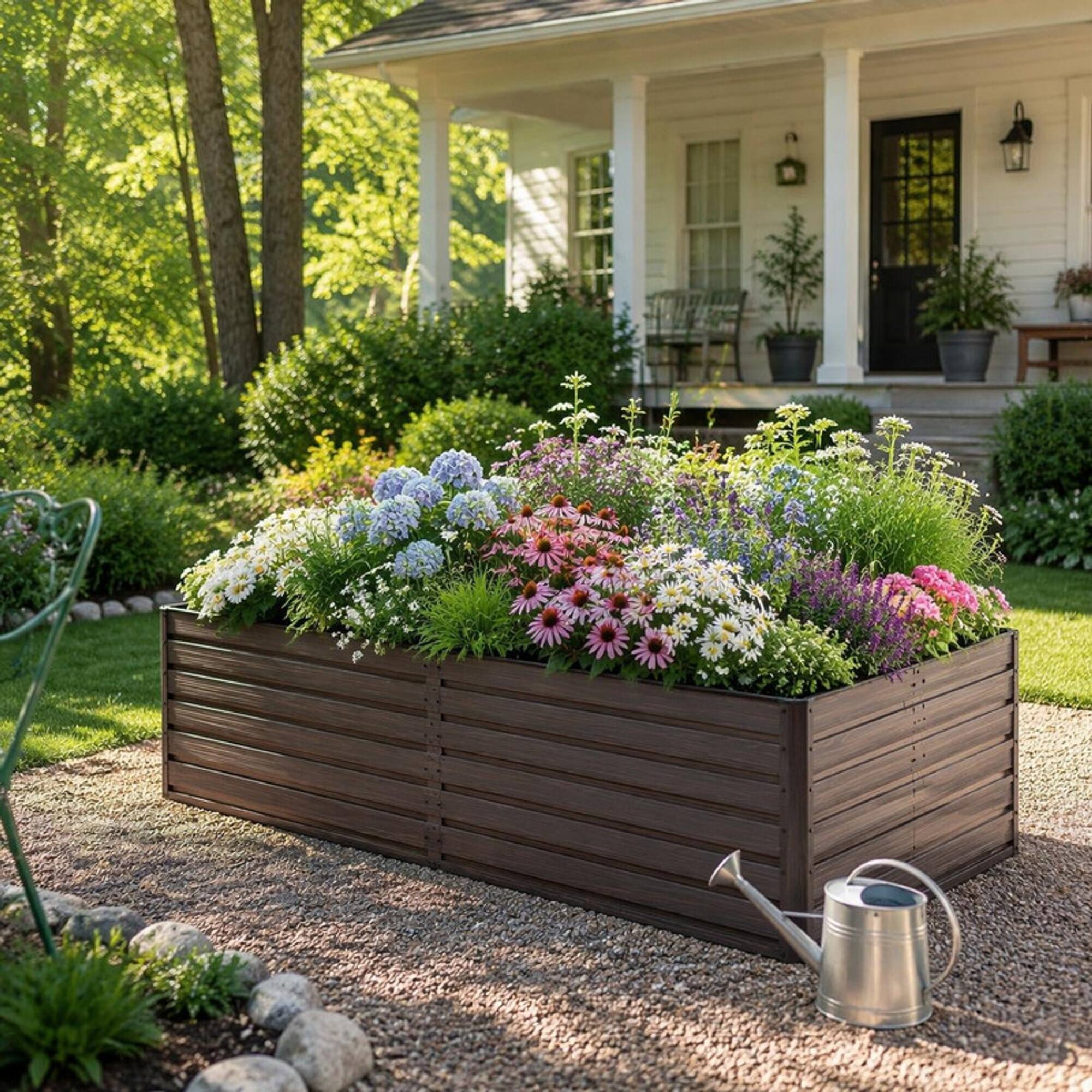 Alt View 4. RYHNUYNE - 8x4x2ft Galvanized Steel Raised Garden Bed in Brown Woodgrain Finish for Vegetables Fruits Herbs and Flowers, 55 - Brown.