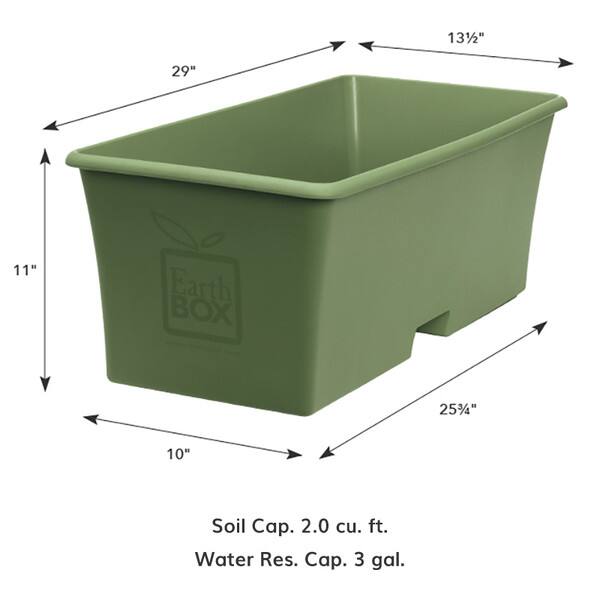 13 1/2", 29", 11", 10", Earth BOX, 25%, Soil Cap. 2.0 cu. ft., Water Res. Cap. 3 gal.