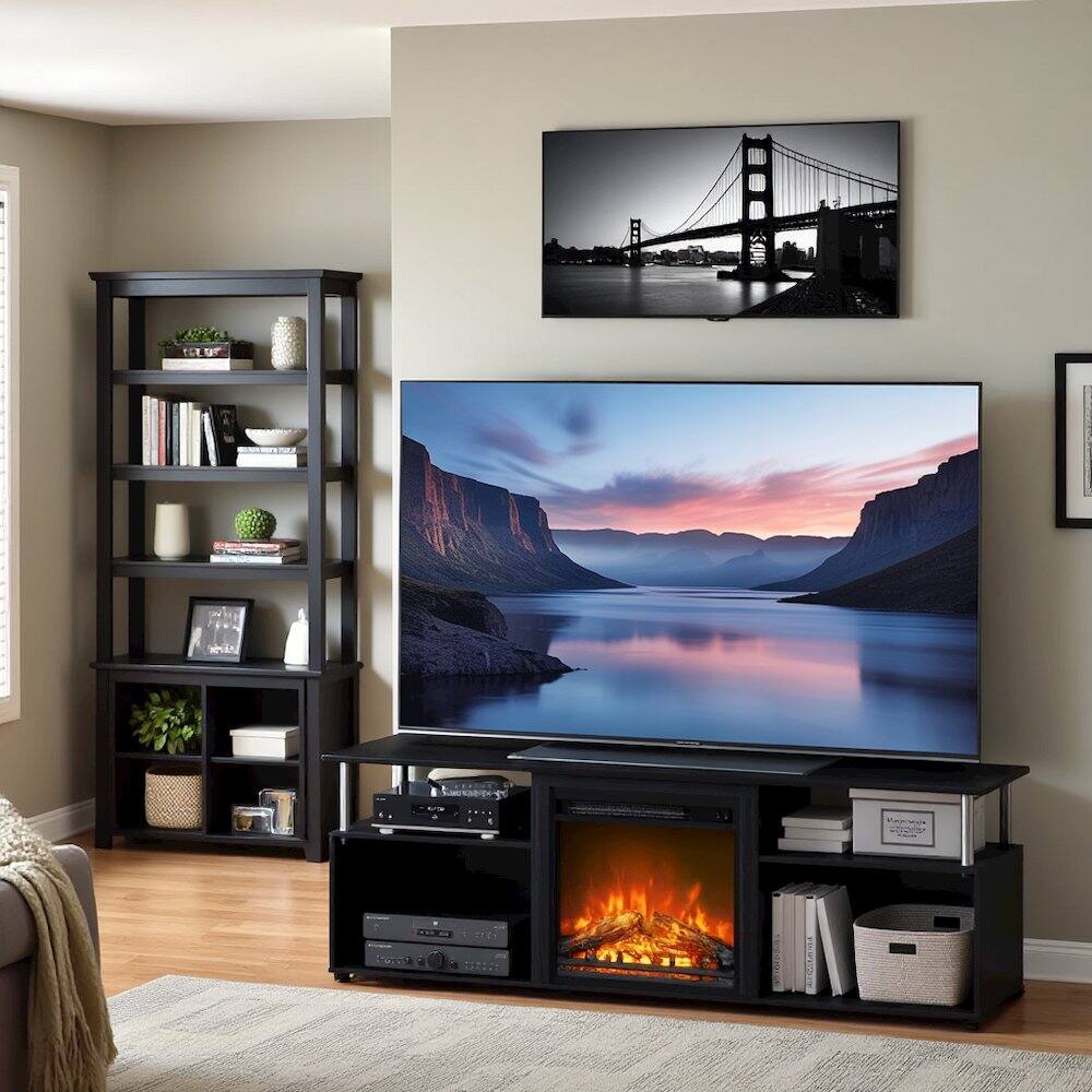 Alt View 1. FurniFact - Black 70 Inch Fireplace TV Stand with Four Shelves and Elegant Electric Insert - Black.