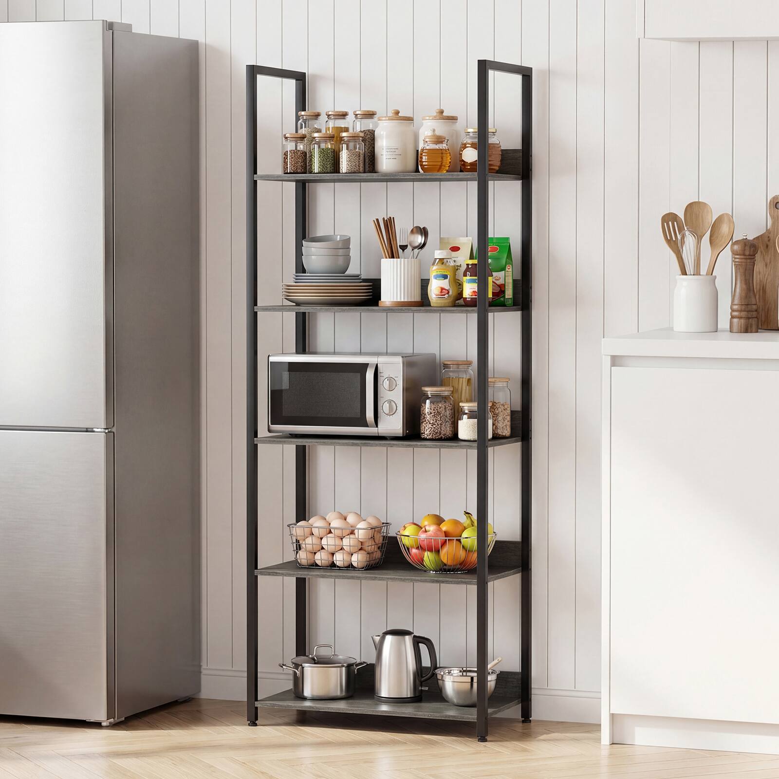 Alt View 3. Costway - Costway 1 PCS 5-Tier Bookshelf, Tall Wooden Open Bookcase with Back Panels and Metal Frame - Rustic Gray + Black.
