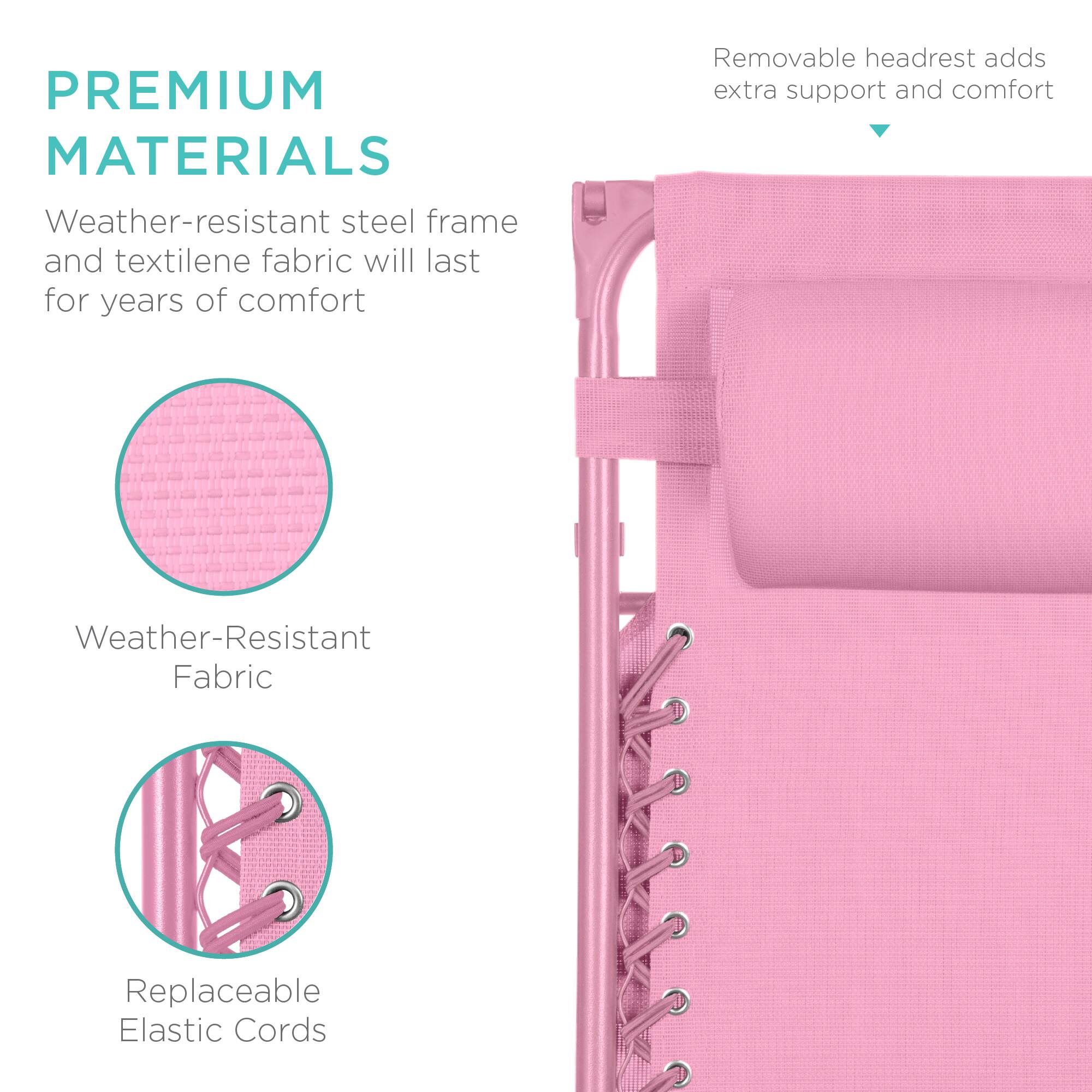 **PREMIUM MATERIALS**

- Weather-resistant steel frame and textilene fabric will last for years of comfort
- Removable headrest adds extra support and comfort

**Weather-Resistant Fabric**

**Replaceable Elastic Cords**