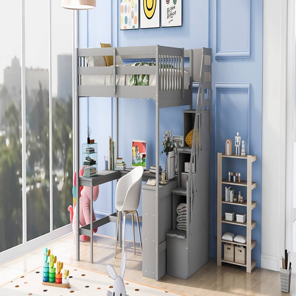 Alt View 1. Loheer - Loheer Full Size Loft Bed with Desk, Gray Loft Bed with Storage Stairs and Shelves, Pine Wood - Gray.