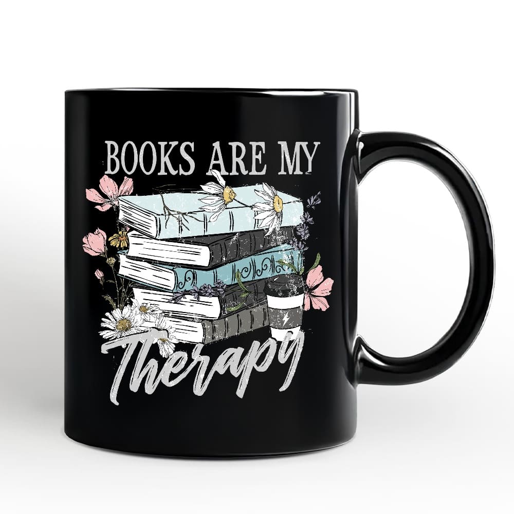 OrnamentallyYou - Books Are My Therapy Floral Vintage Mug, Reading Aesthetic Gift for Bookworms - Black