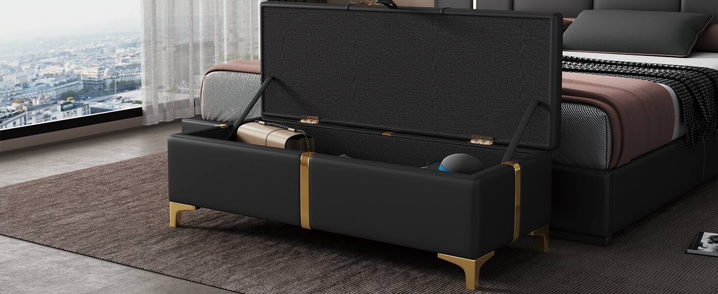Alt View 7. GOODSILO - Elegant Upholstered Storage Ottoman Bench with Metal Legs - Black.