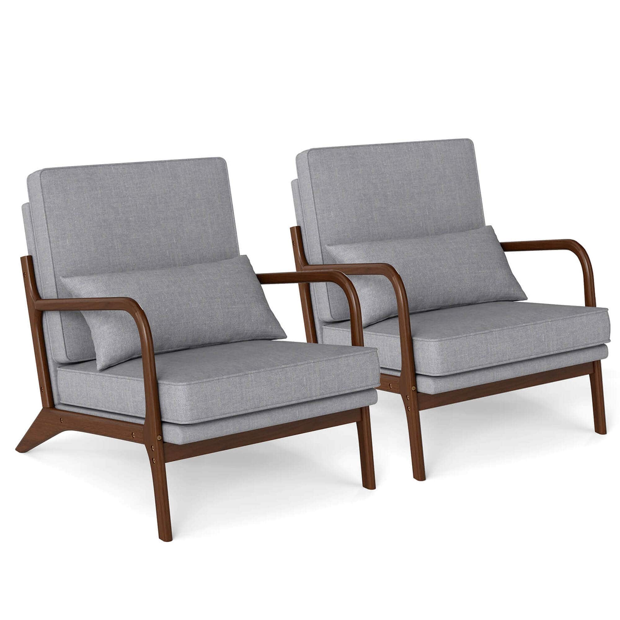 Costway - 2 PCS Modern Accent Chair Upholstered Leisure Armchair with Rubber Wood Armrests - Gray