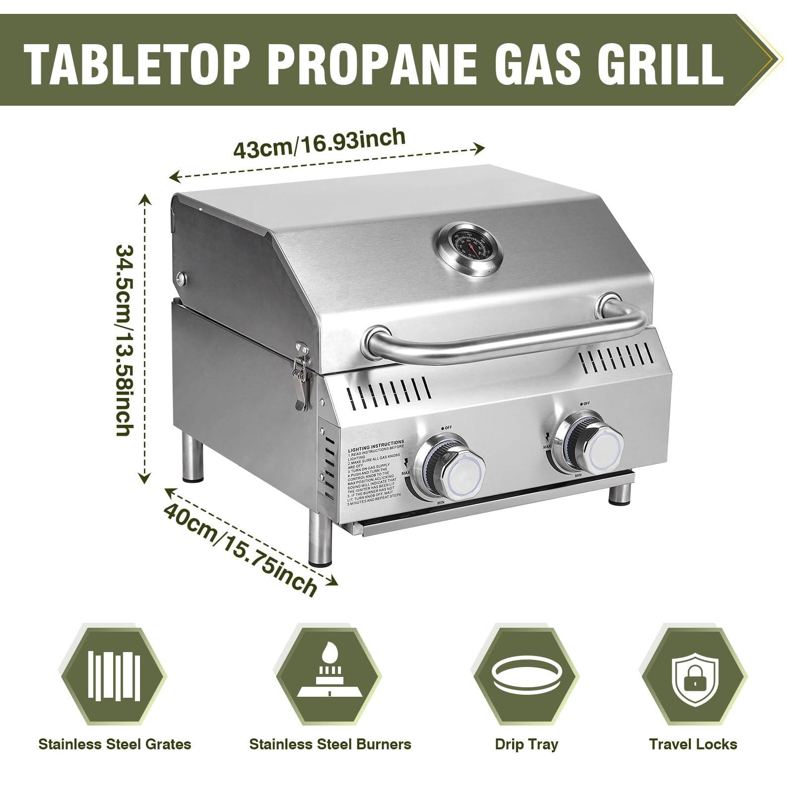 TABLETOP PROPANE GAS GRILL

- 43cm/16.93inch
- 34.5cm/13.58inch
- 40cm/15.75inch

Features:
- Stainless Steel Grates
- Stainless Steel Burners
- Drip Tray
- Travel Locks