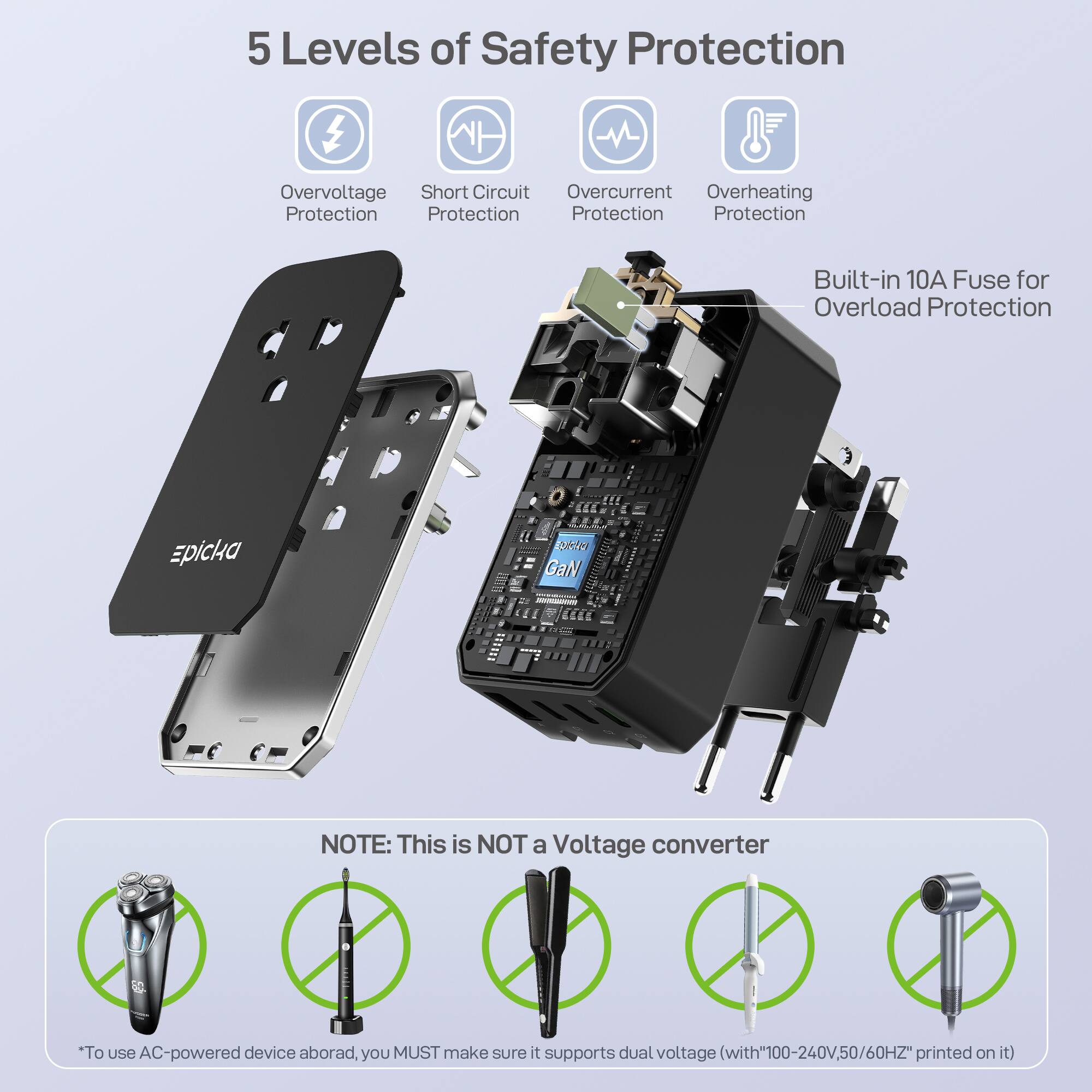 5 Levels of Safety Protection  
- Overvoltage Protection  
- Short Circuit Protection  
- Overcurrent Protection  
- Overheating Protection  
- Built-in 10A Fuse for Overload Protection  

NOTE: This is NOT a Voltage converter  
*To use AC-powered device abroad, you MUST make sure it supports dual voltage (with "100-240V, 50/60Hz" printed on it)