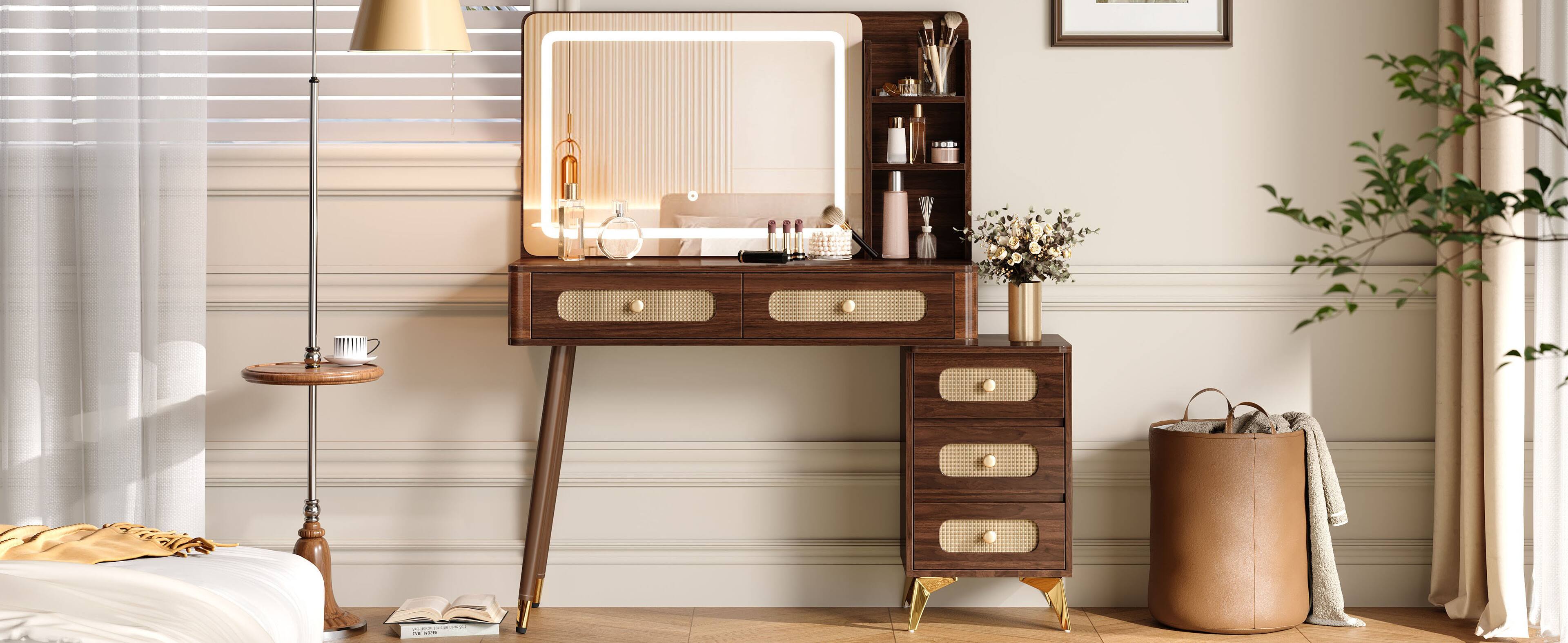 Back. Lirago - Vintage Dark Walnut  Makeup Vanity Desk Rattan Dresser Table 47.24"H x 13.78"D x 47.24"W - Brown.