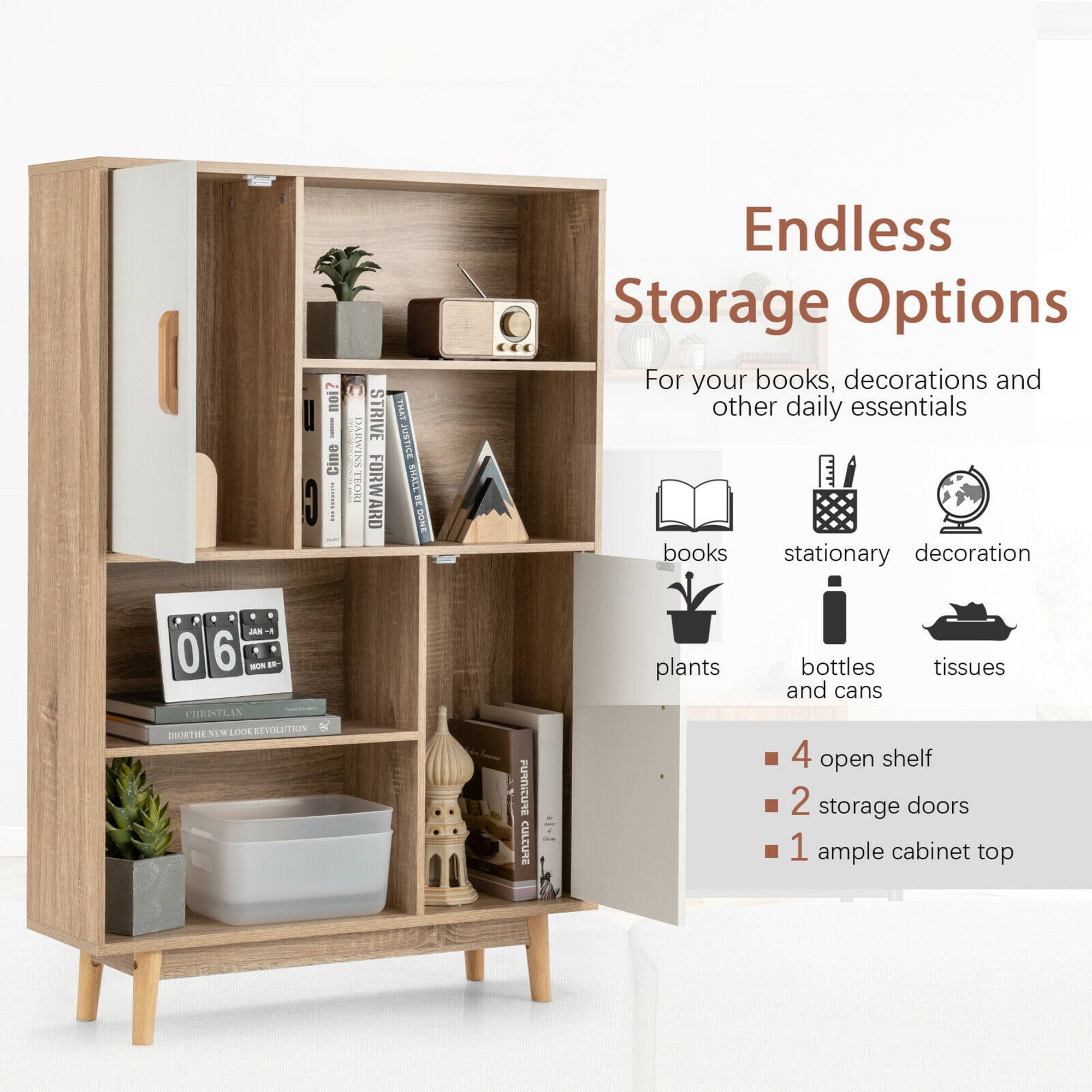 Endless Storage Options

For your books, decorations and other daily essentials

books
stationary
decoration
plants
bottles and cans
tissues

4 open shelf
2 storage doors
1 ample cabinet top