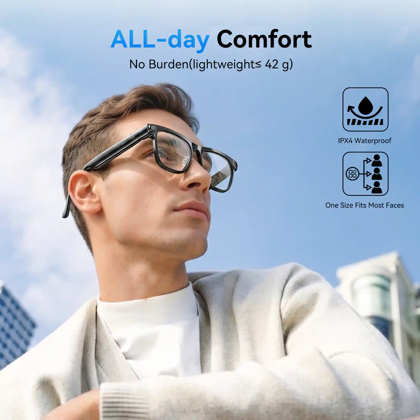 ALL-day Comfort  
No Burden (lightweight ≤ 42 g)  
IPX4 Waterproof  
One Size Fits Most Faces