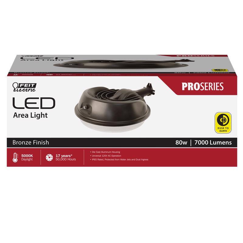 FEIT Electric LED Area Light  
PROSERIES  
Bronze Finish  
80w | 7000 Lumens  
5000K Daylight  
17 years* | 50,000 Hours  
Die Cast Aluminum Housing  
Universal 120V AC Operation  
IP65 Rated, Protected from Water Jets and Dust Ingress  
Dusk to Dawn