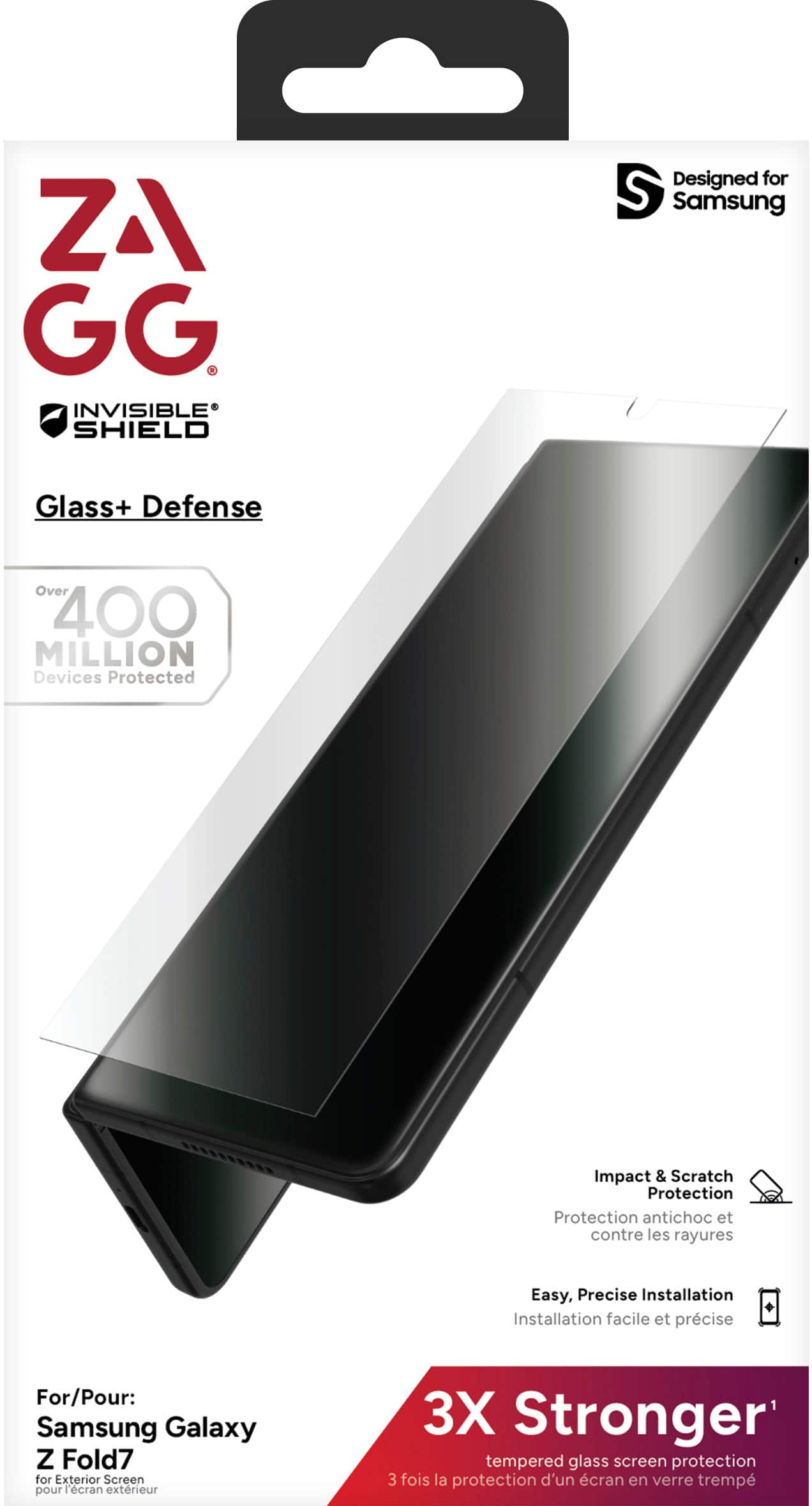 ZAGG Invisible Shield is designed for Samsung Glass+ Defense. Over 400 million devices are protected with impact and scratch protection. It offers easy, precise installation. This product is for the Samsung Galaxy Z Fold7, specifically for the exterior screen. It provides 3X stronger tempered glass screen protection.