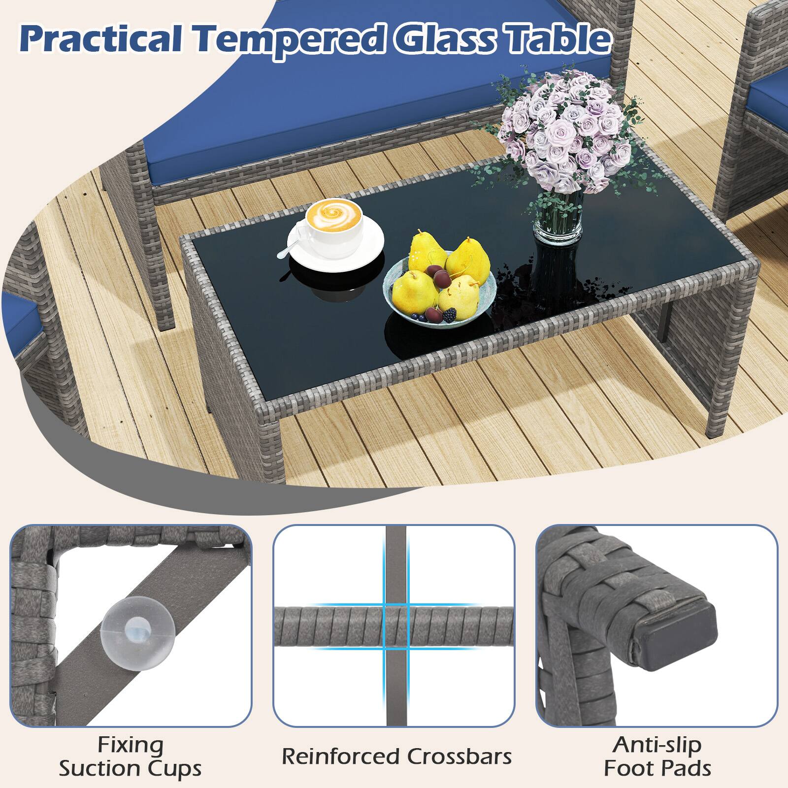 Practical Tempered Glass Table

- Fixing Suction Cups
- Reinforced Crossbars
- Anti-slip Foot Pads