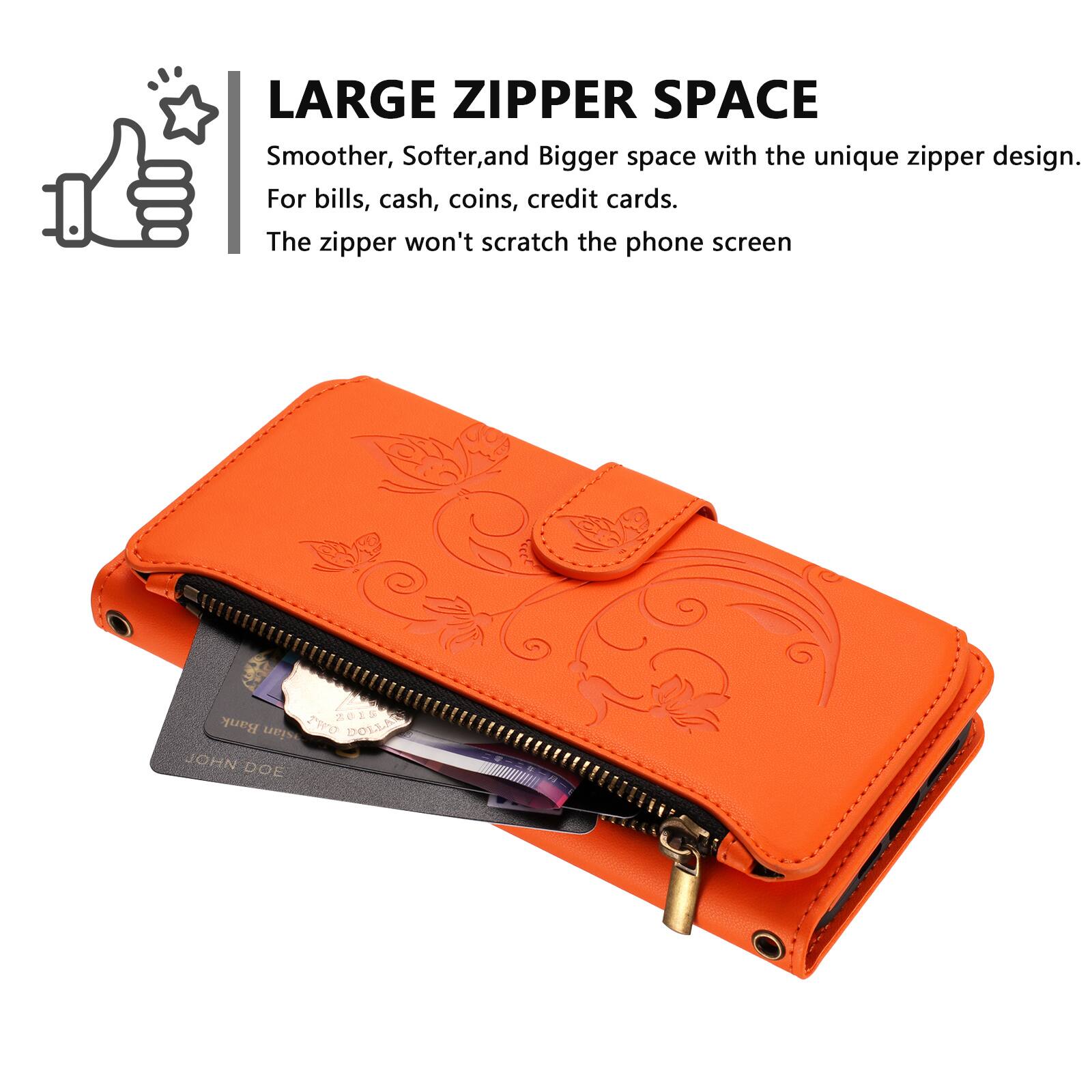 LARGE ZIPPER SPACE  
Smoother, Softer, and Bigger space with the unique zipper design.  
For bills, cash, coins, credit cards.  
The zipper won't scratch the phone screen.  

2019 Bank of America  
TWO DOLLARS  
JOHN DOE
