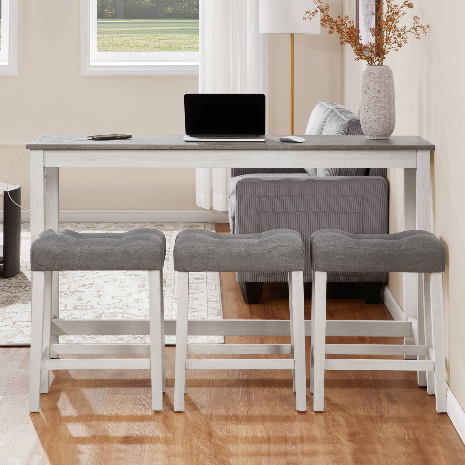 Angle. Loheer - Loheer Bar Table Set with Three Stools and Power Outlet, White and Grey, 59 Inch Rectangular Table - White and Grey.