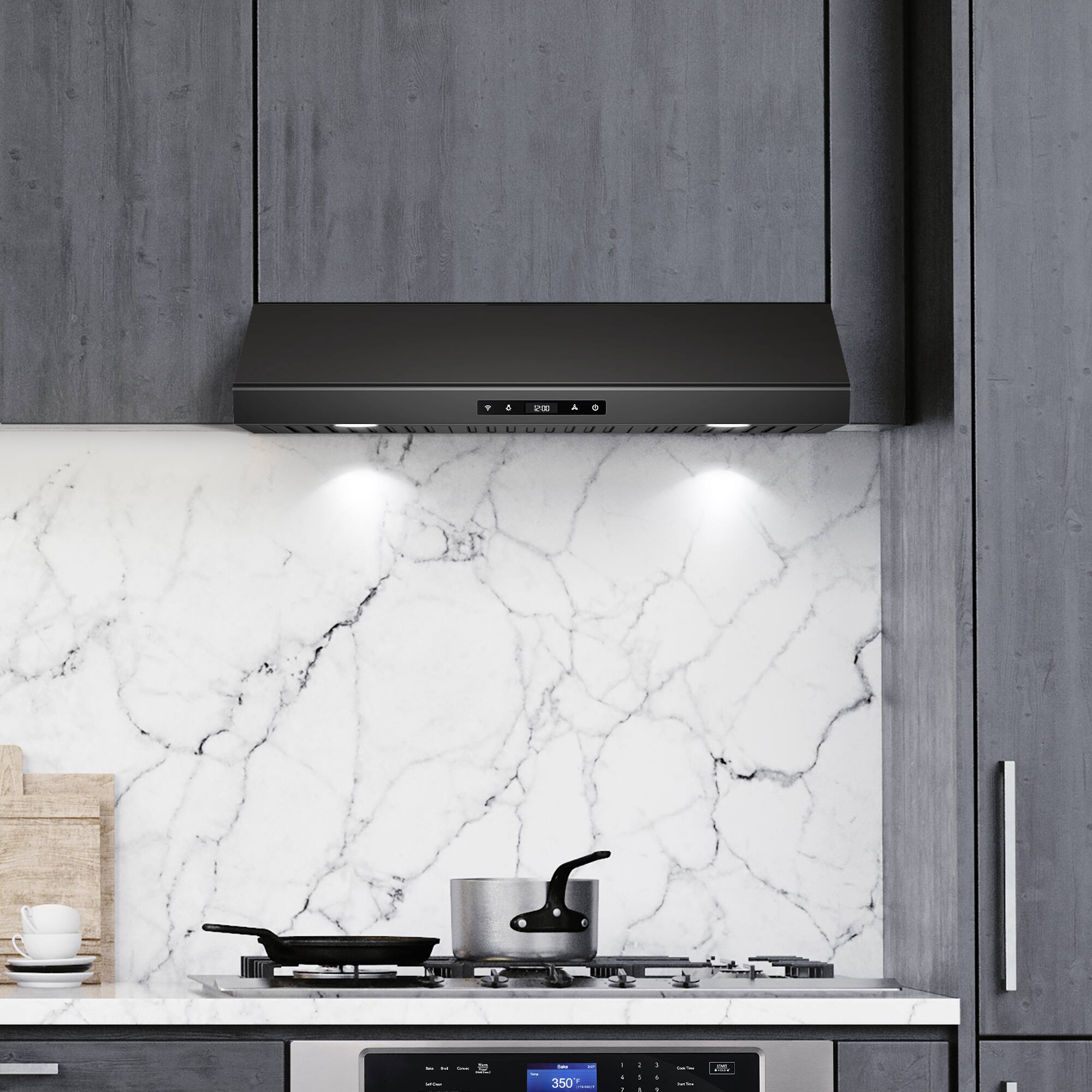 Angle. COSMO - COS-KS6U30-BK 30 in. Haven Collection 500 CFM Ducted Under Cabinet Range Hood, Touch Controls, LED Lights - Matte Black.
