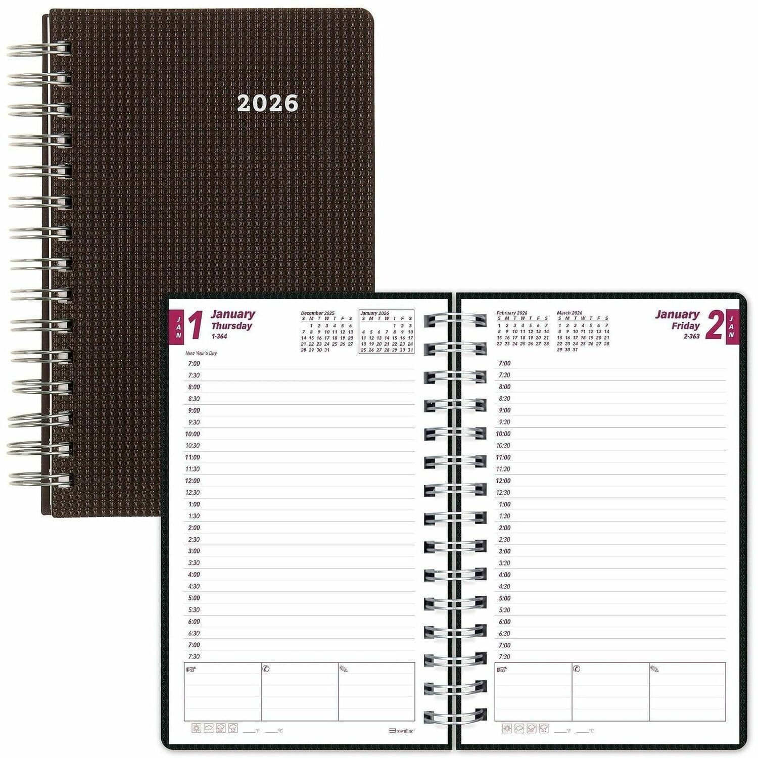 Brownline - Daily 12 Month January 2026 to December 2026 8 x 5  Twin Wire Black Heavy Duty Planner