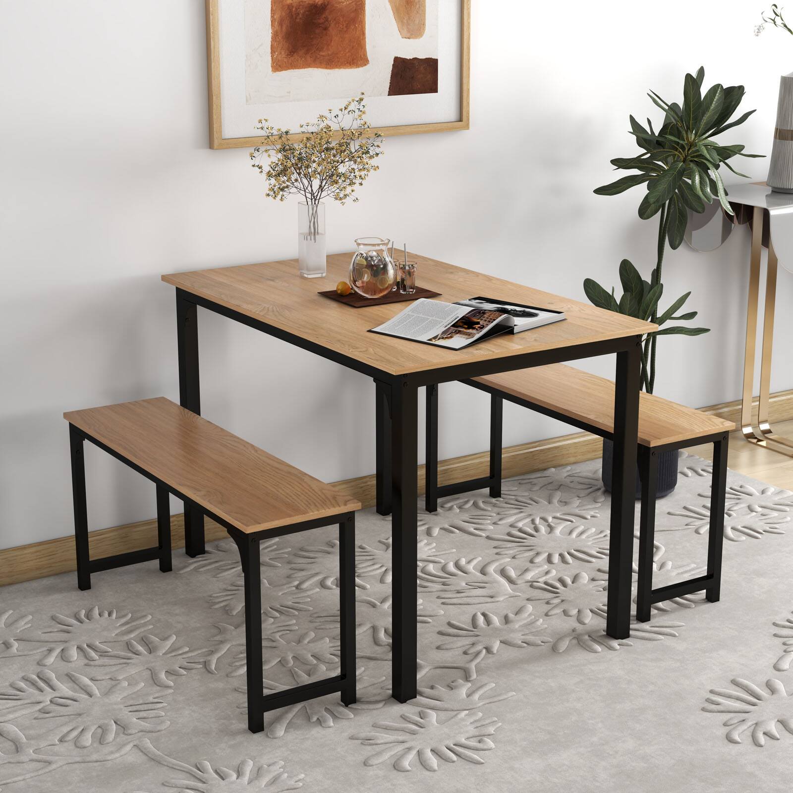 Alt View 8. Ecooso - Space Saving 3 Piece Dining Table Set with 2 Benches for Dining Room - Natural.